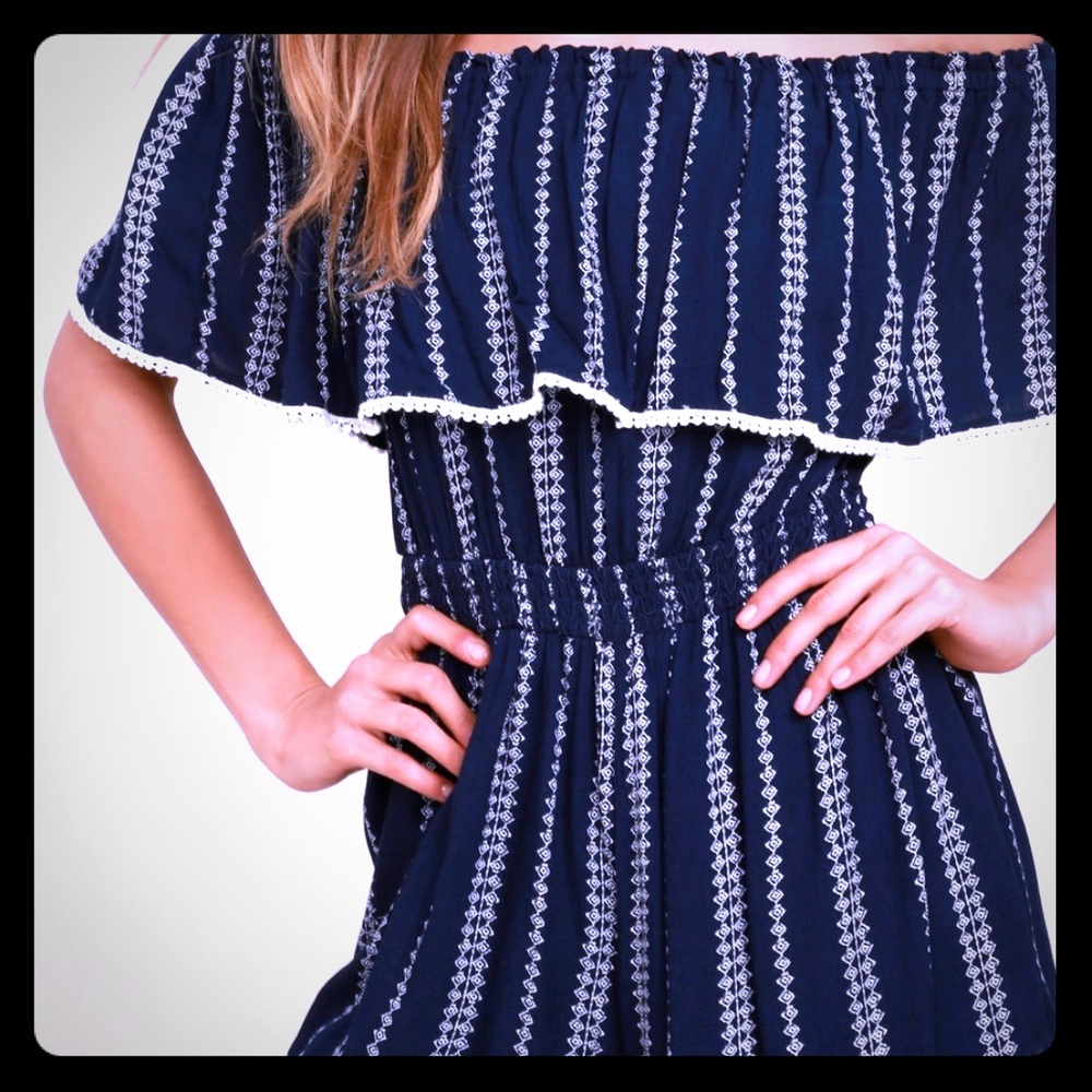 Navy Print Off Shoulders Romper